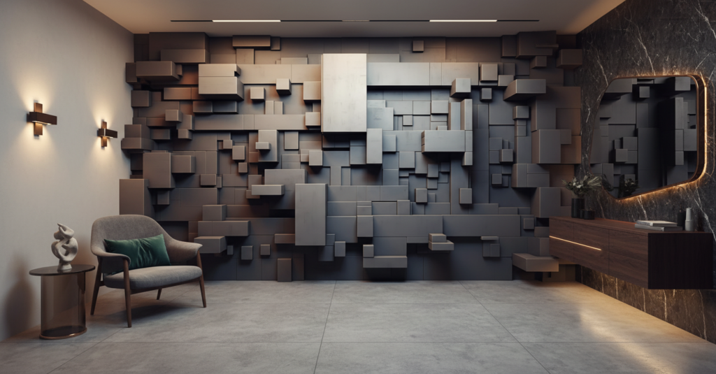 Papier Peint Relief 3D Cubes Géométriques Métalliques Moderne - Entrée