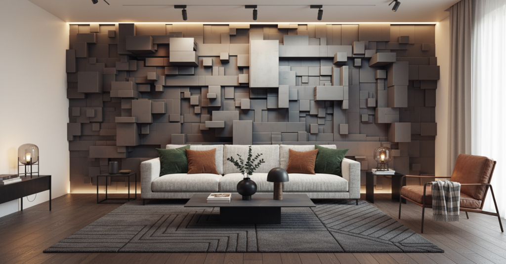 Papier Peint Relief 3D Cubes Géométriques Métalliques Moderne - Salon / Séjour