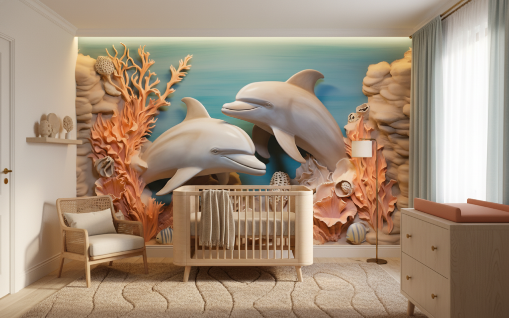 Papier peint relief dauphins corail fond marin océan tropical - Chambre bébé