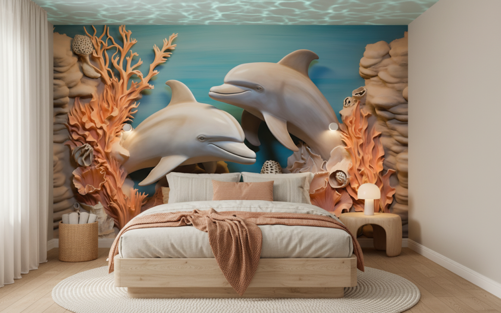 Papier peint relief dauphins corail fond marin océan tropical - Chambre enfant
