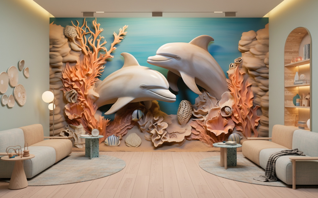 Papier peint relief dauphins corail fond marin océan tropical - Espace enfant (pro)