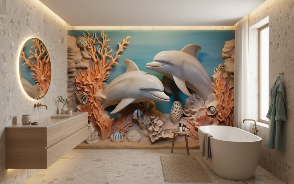 Papier peint relief dauphins corail fond marin océan tropical - Salle de bain
