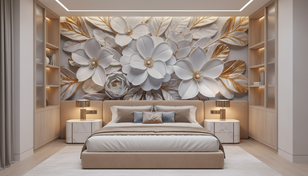 Papier Peint Relief Fleurs Blanches Dorées Élégance Luxueuse - Chambre adulte