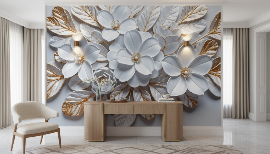 Papier Peint Relief Fleurs Blanches Dorées Élégance Luxueuse - Entrée