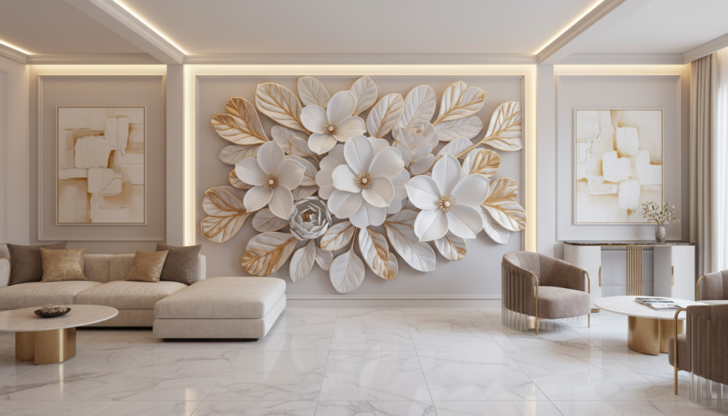 Papier Peint Relief Fleurs Blanches Dorées Élégance Luxueuse - Hôtel