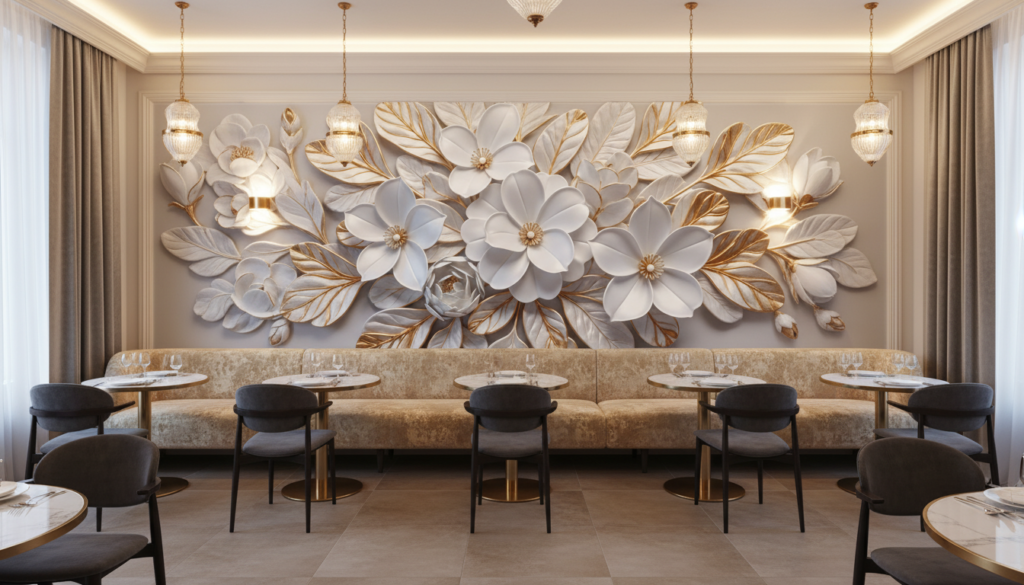 Papier Peint Relief Fleurs Blanches Dorées Élégance Luxueuse - Restaurant