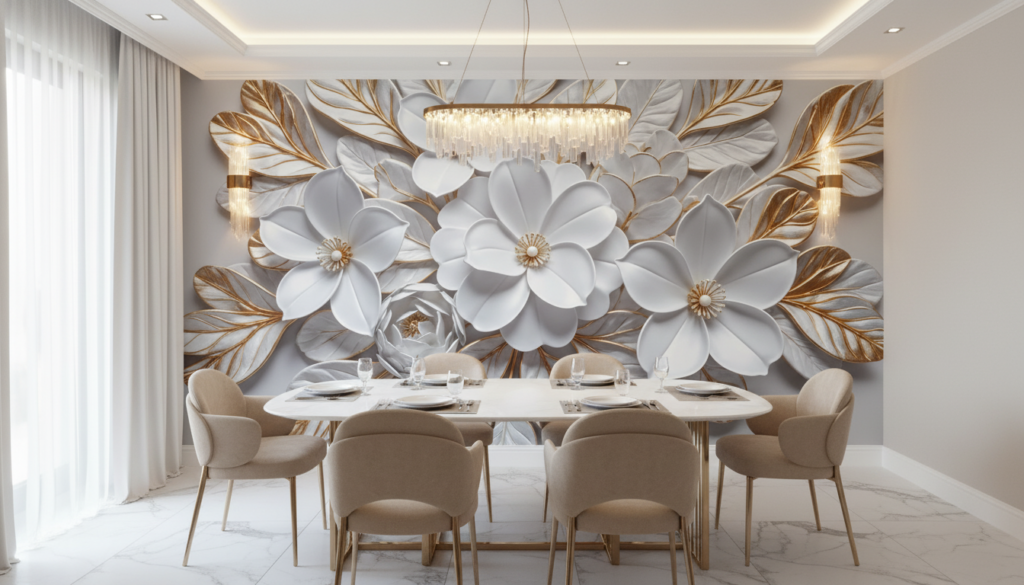 Papier Peint Relief Fleurs Blanches Dorées Élégance Luxueuse - Salle à manger