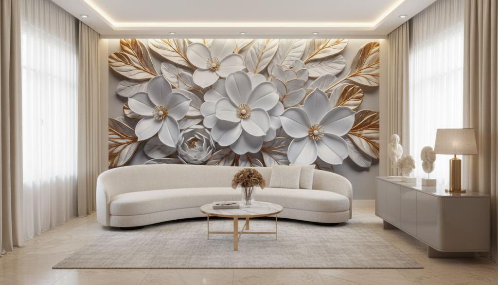 Papier Peint Relief Fleurs Blanches Dorées Élégance Luxueuse - Salon / Séjour