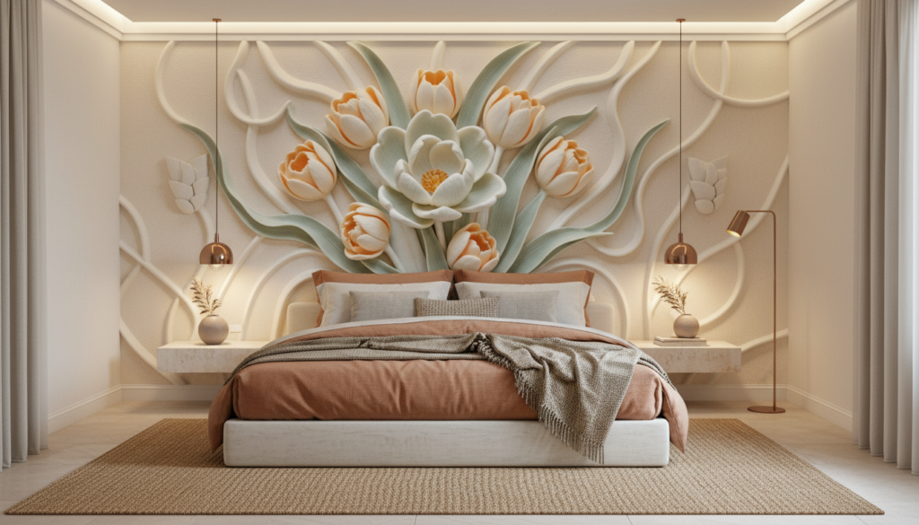 Papier Peint Relief Floral Tulipes et Lotus Blanc Orange - Chambre adulte