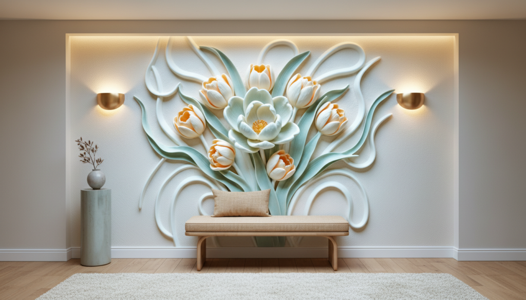Papier Peint Relief Floral Tulipes et Lotus Blanc Orange - Entrée