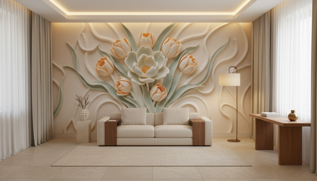 Papier Peint Relief Floral Tulipes et Lotus Blanc Orange - Hôtel