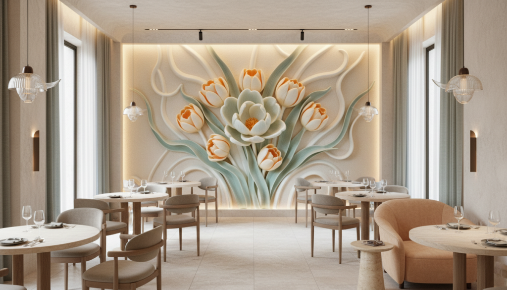 Papier Peint Relief Floral Tulipes et Lotus Blanc Orange - Restaurant