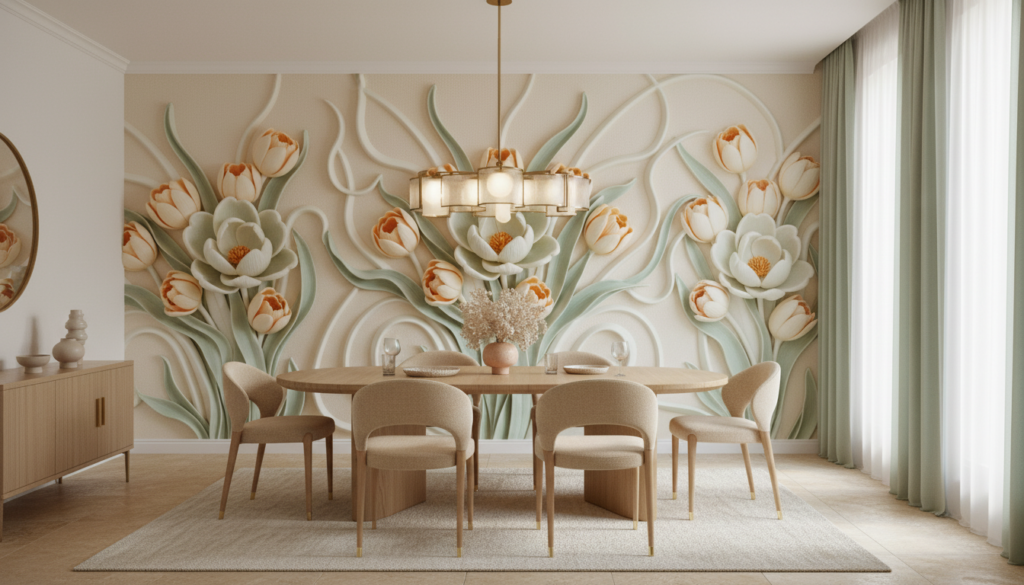 Papier Peint Relief Floral Tulipes et Lotus Blanc Orange - Salle à manger