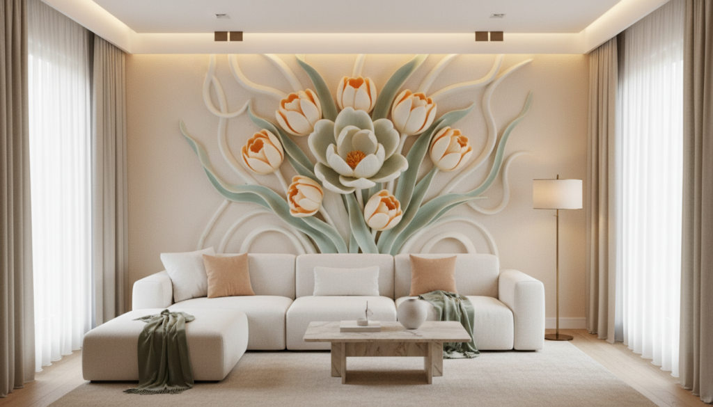 Papier Peint Relief Floral Tulipes et Lotus Blanc Orange - Salon / Séjour