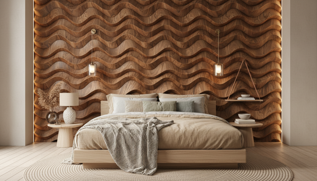 Papier Peint Relief Vagues Bois Naturel Texture Organique - Chambre adulte