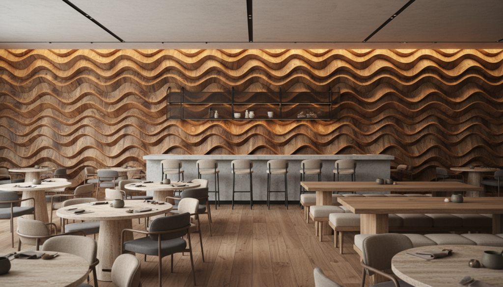 Papier Peint Relief Vagues Bois Naturel Texture Organique - Restaurant