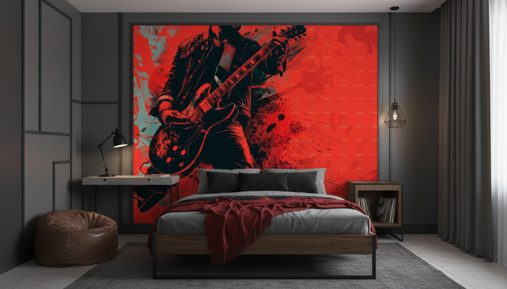 Papier Peint Rock Guitare Électrique Grunge Rouge Noir Musical - Chambre ado