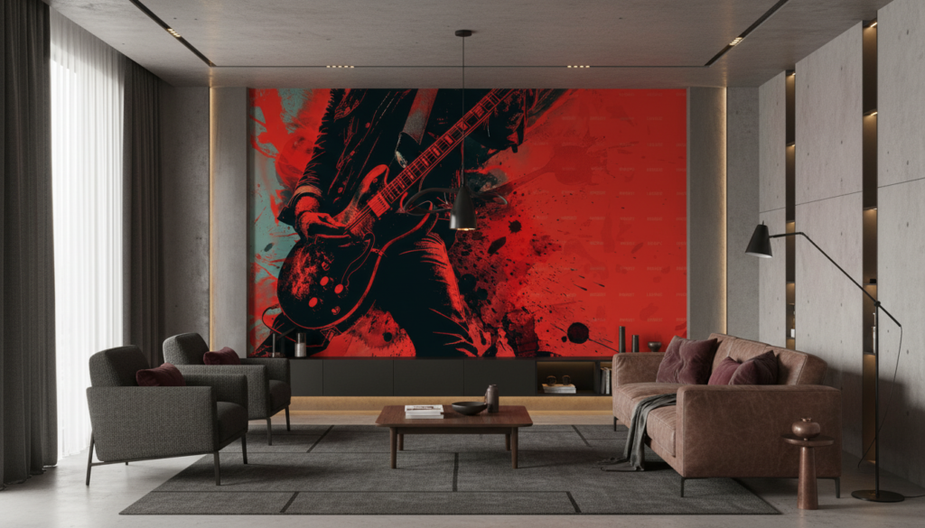 Papier Peint Rock Guitare Électrique Grunge Rouge Noir Musical - Salon / Séjour