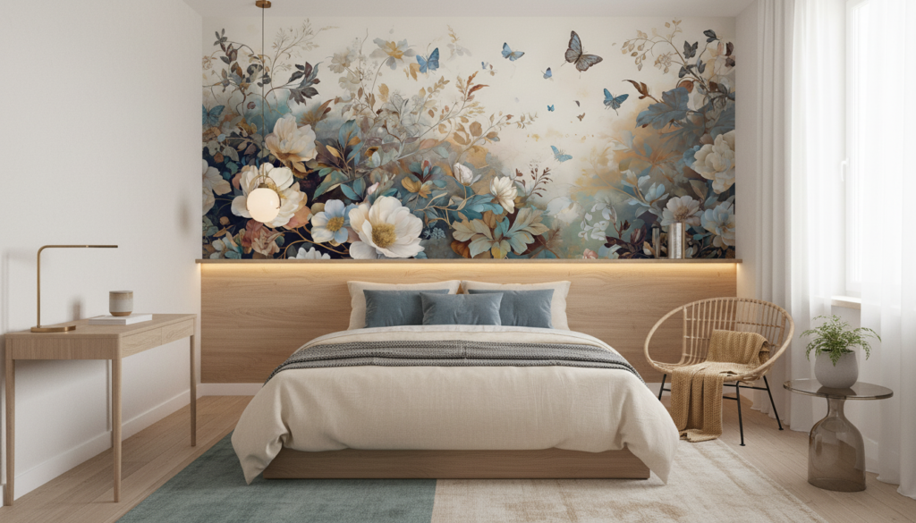 Papier peint romantique aux fleurs blanches et papillons bleus vintage - Chambre ado