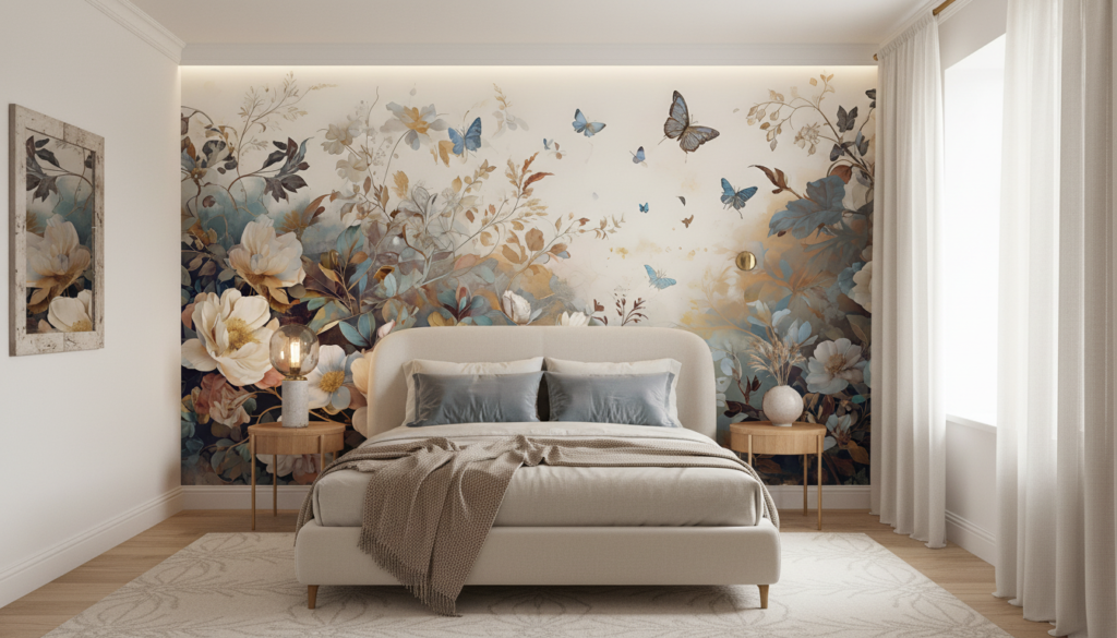 Papier peint romantique aux fleurs blanches et papillons bleus vintage - Chambre adulte