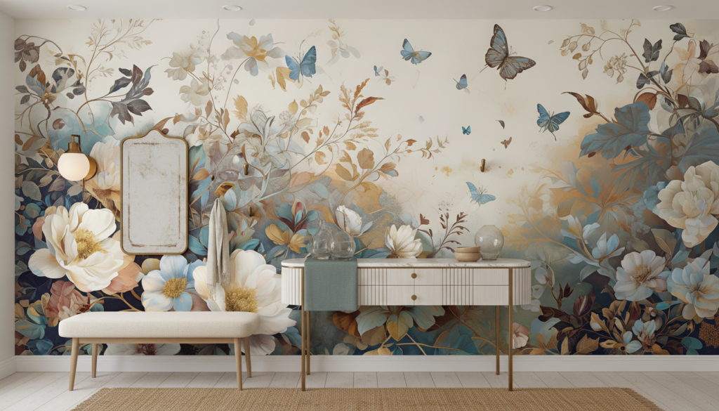 Papier peint romantique aux fleurs blanches et papillons bleus vintage - Entrée