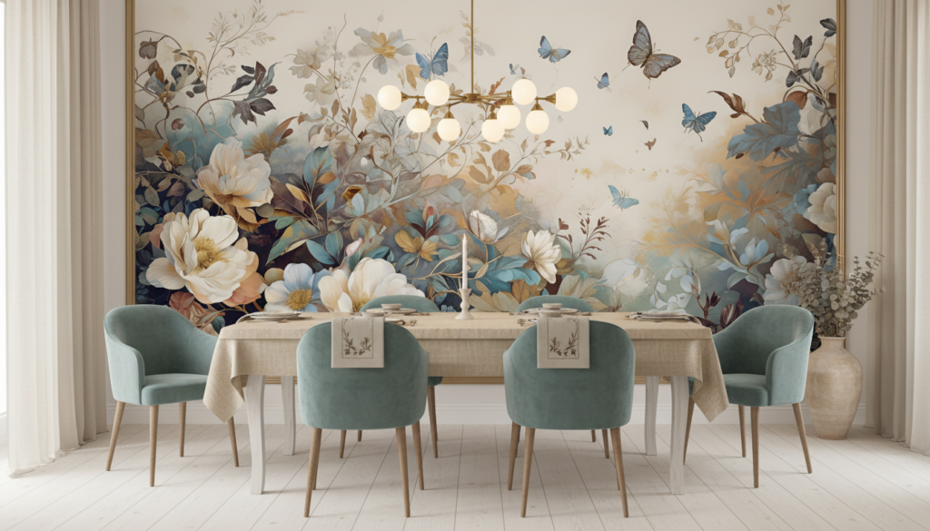 Papier peint romantique aux fleurs blanches et papillons bleus vintage - Salle à manger