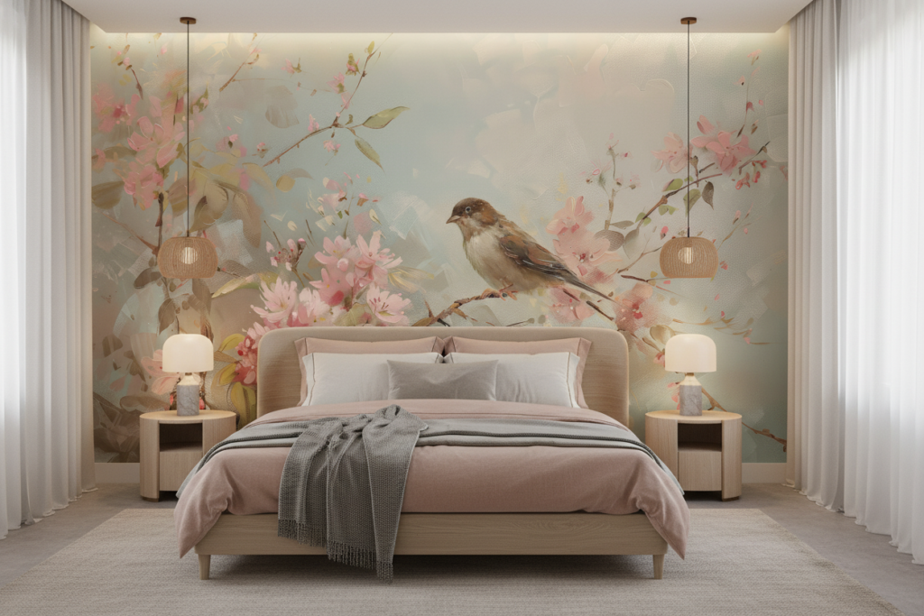 Papier peint romantique avec oiseau et fleurs de cerisier roses - Chambre adulte