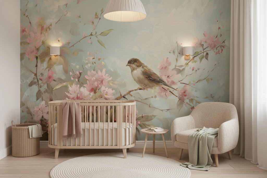 Papier peint romantique avec oiseau et fleurs de cerisier roses - Chambre bébé