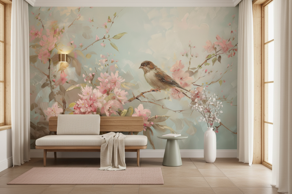 Papier peint romantique avec oiseau et fleurs de cerisier roses - Entrée