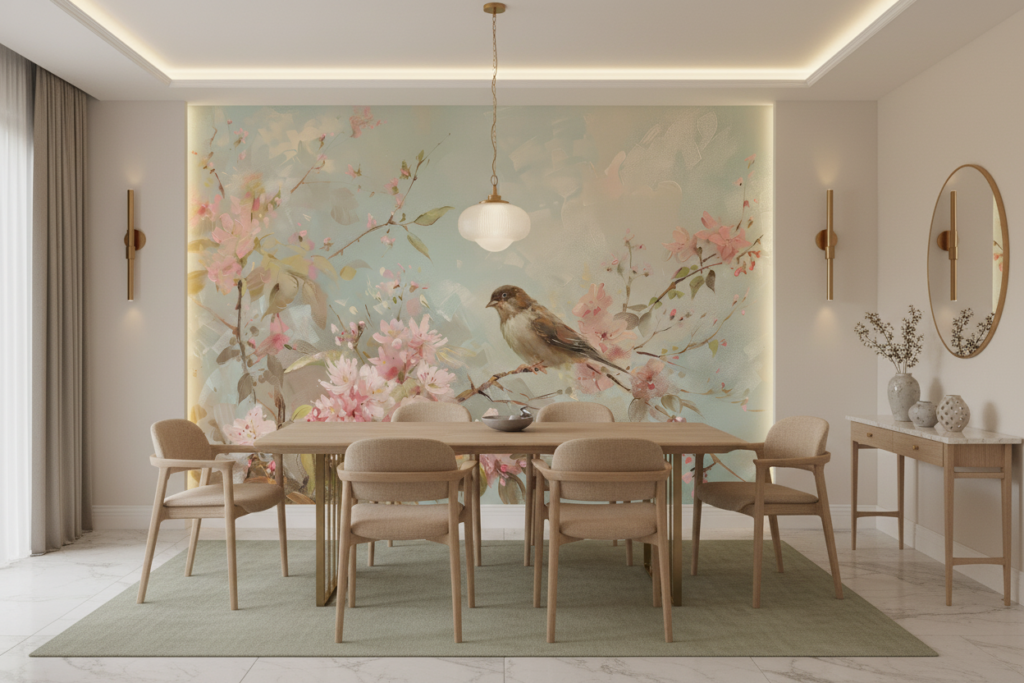 Papier peint romantique avec oiseau et fleurs de cerisier roses - Salle à manger