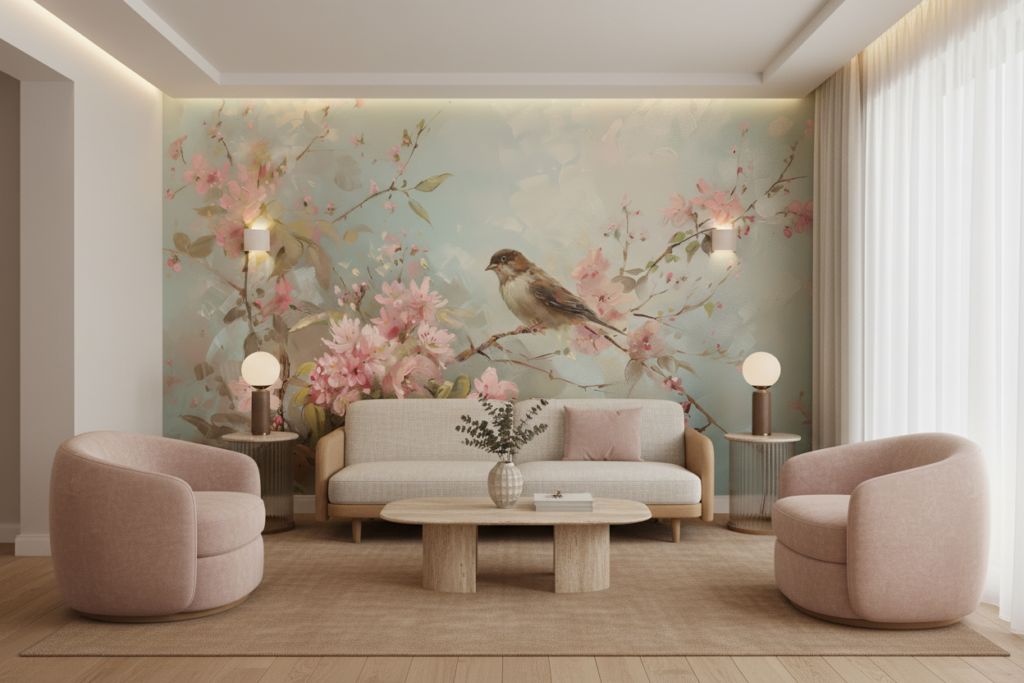 Papier peint romantique avec oiseau et fleurs de cerisier roses - Salon / Séjour