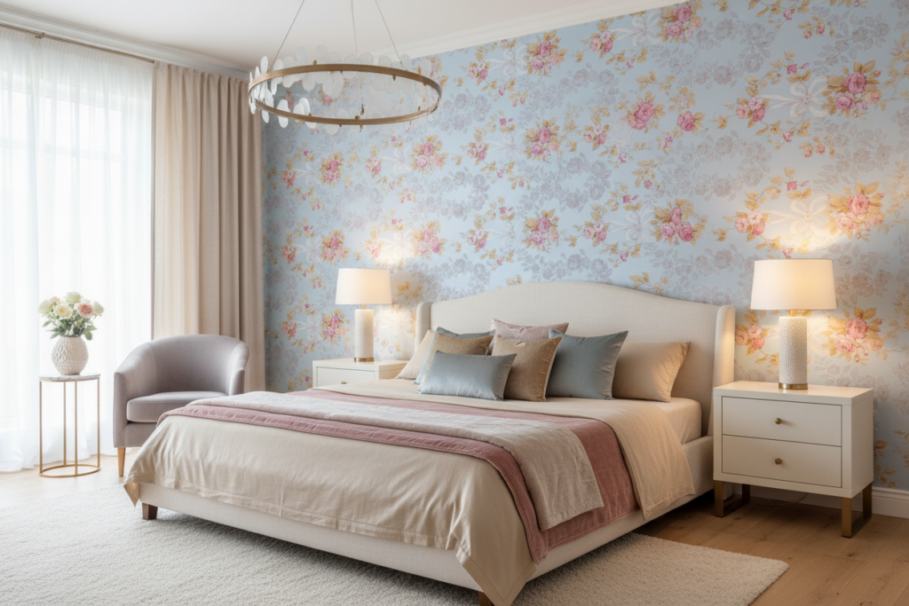 Papier Peint Romantique Floral Rose sur Fond Bleu Ciel - Chambre adulte