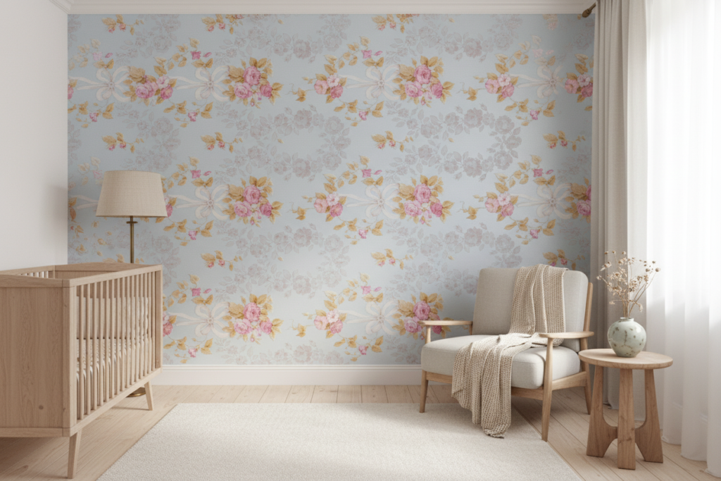 Papier Peint Romantique Floral Rose sur Fond Bleu Ciel - Chambre bébé