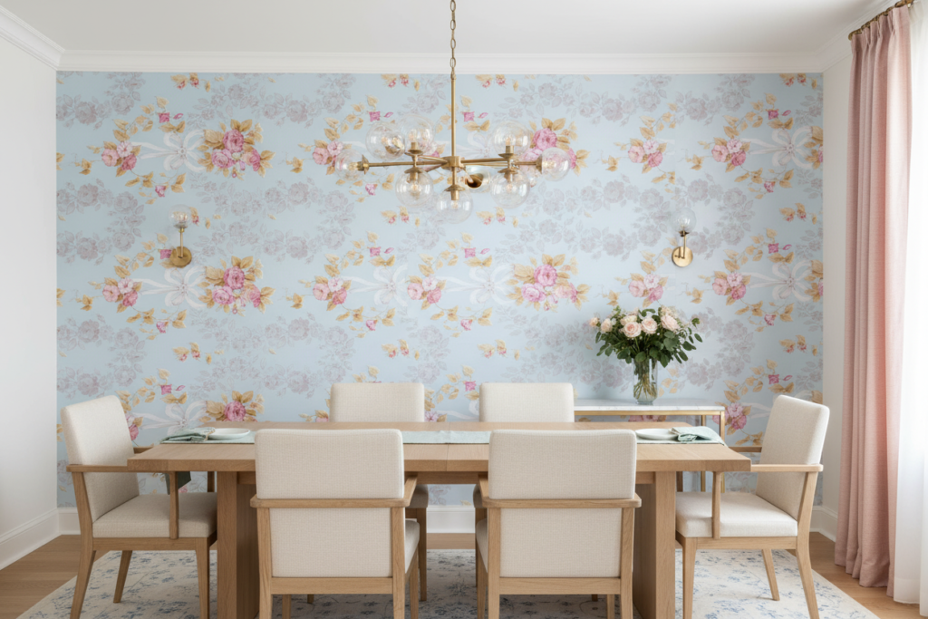 Papier Peint Romantique Floral Rose sur Fond Bleu Ciel - Salle à manger