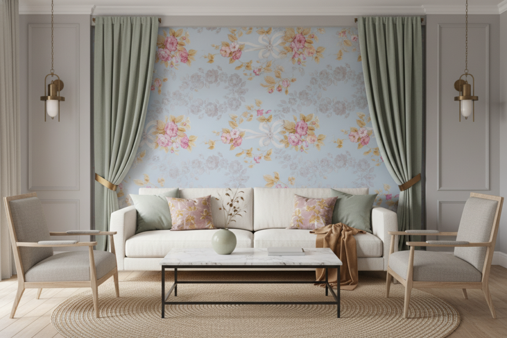 Papier Peint Romantique Floral Rose sur Fond Bleu Ciel - Salon / Séjour