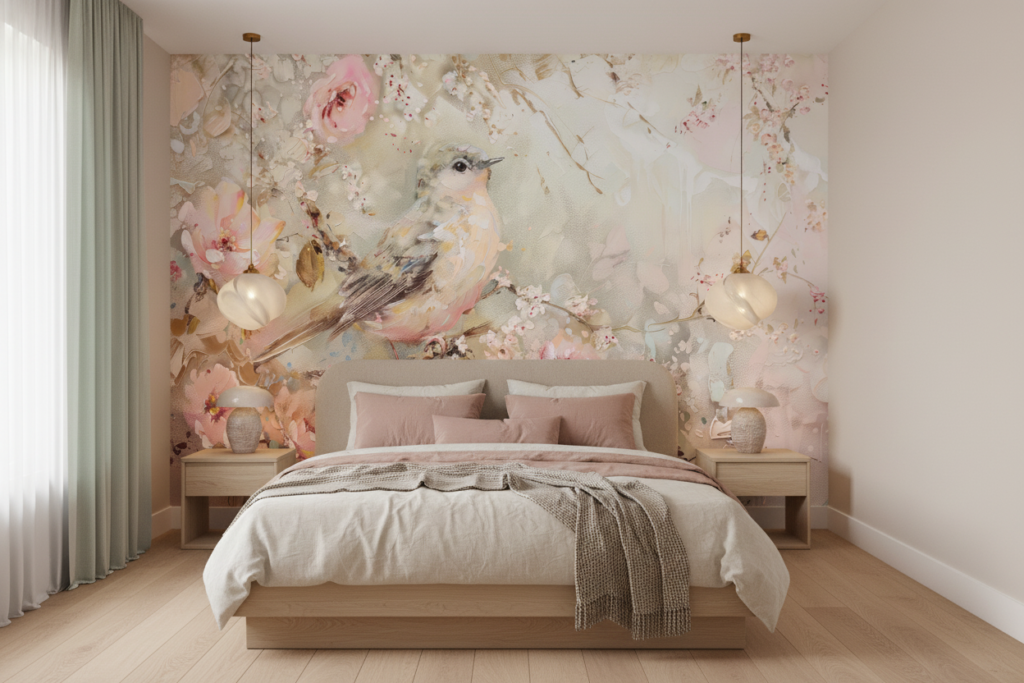 Papier peint romantique oiseau et fleurs roses style aquarelle vintage - Chambre adulte
