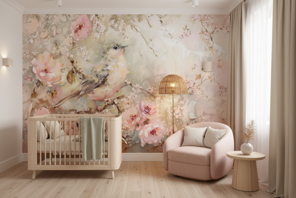 Papier peint romantique oiseau et fleurs roses style aquarelle vintage - Chambre bébé