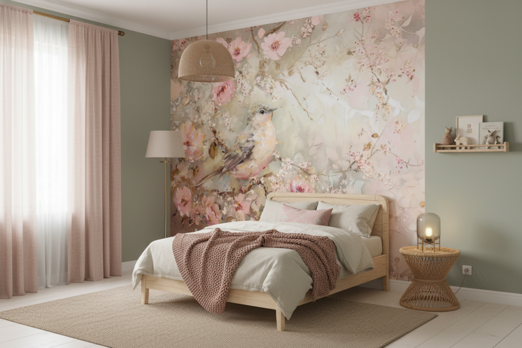 Papier peint romantique oiseau et fleurs roses style aquarelle vintage - Chambre enfant