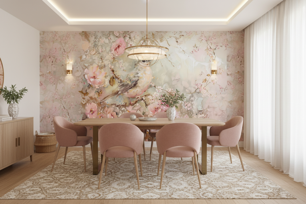 Papier peint romantique oiseau et fleurs roses style aquarelle vintage - Salle à manger