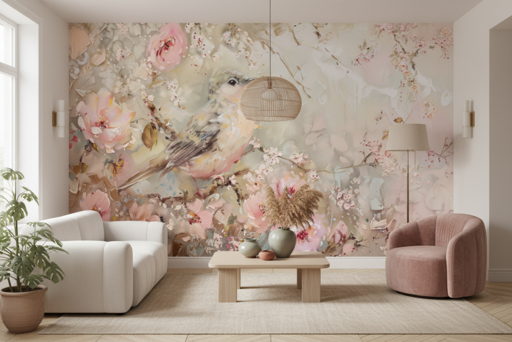 Papier peint romantique oiseau et fleurs roses style aquarelle vintage - Salon / Séjour