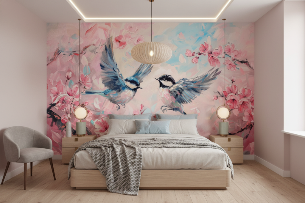 Papier Peint Romantique Oiseaux Bleus et Fleurs de Cerisier Rose - Chambre adulte
