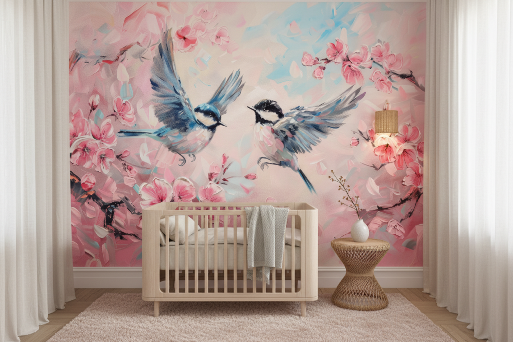 Papier Peint Romantique Oiseaux Bleus et Fleurs de Cerisier Rose - Chambre bébé