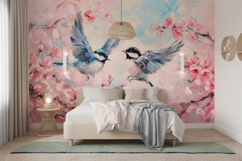 Papier Peint Romantique Oiseaux Bleus et Fleurs de Cerisier Rose - Chambre enfant