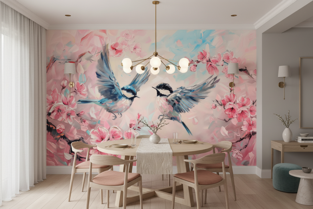 Papier Peint Romantique Oiseaux Bleus et Fleurs de Cerisier Rose - Salle à manger