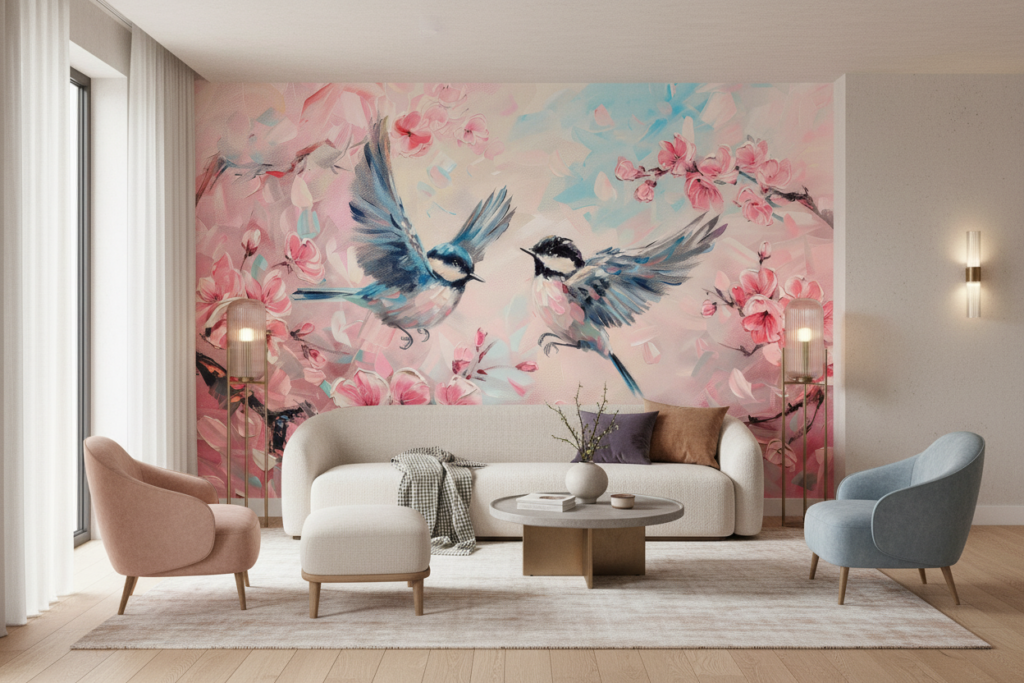 Papier Peint Romantique Oiseaux Bleus et Fleurs de Cerisier Rose - Salon / Séjour