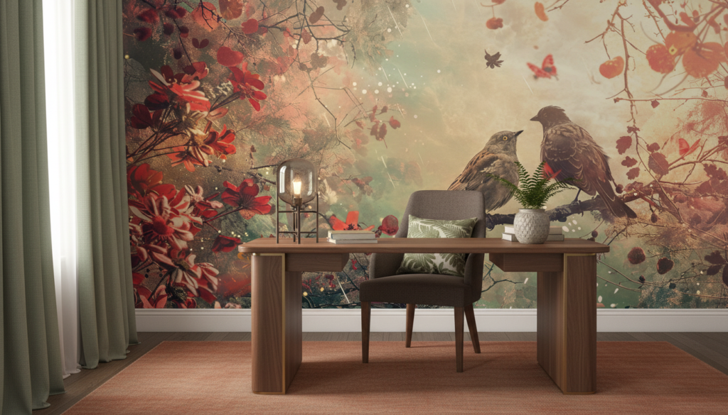 Papier Peint Romantique Oiseaux sur Branches Fleuries Automne Rouge - Bureau