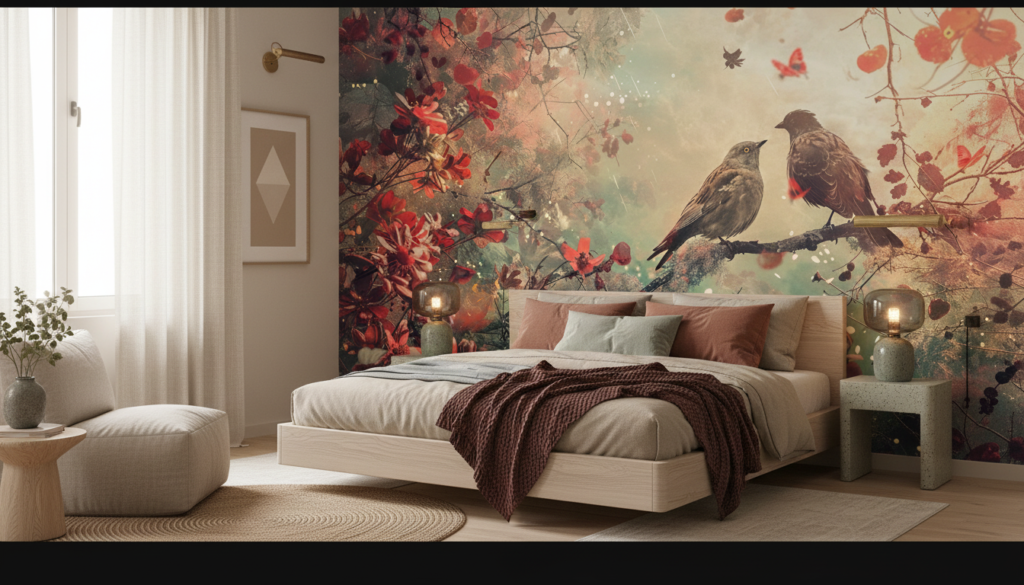 Papier Peint Romantique Oiseaux sur Branches Fleuries Automne Rouge - Chambre adulte