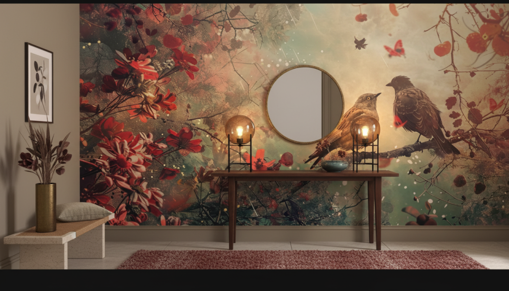 Papier Peint Romantique Oiseaux sur Branches Fleuries Automne Rouge - Entrée