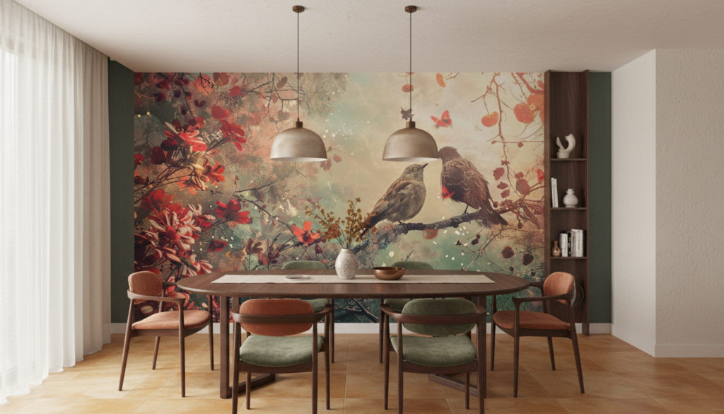 Papier Peint Romantique Oiseaux sur Branches Fleuries Automne Rouge - Salle à manger
