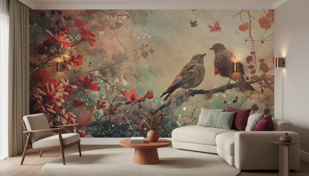 Papier Peint Romantique Oiseaux sur Branches Fleuries Automne Rouge - Salon / Séjour